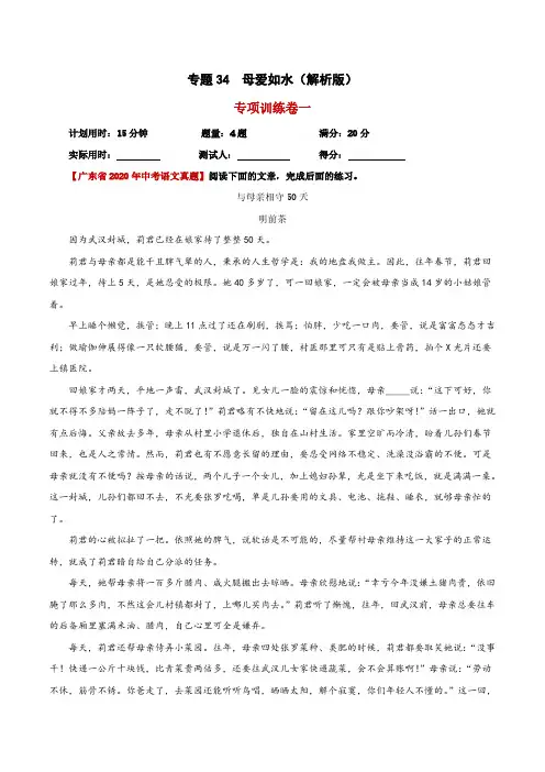 中考语文精选考点专项突破题集 -专题34  母爱如水(解析版)