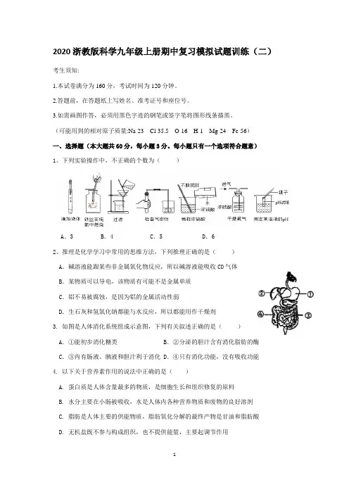 2020浙教版科学九年级上册期中复习模拟试题训练(二)