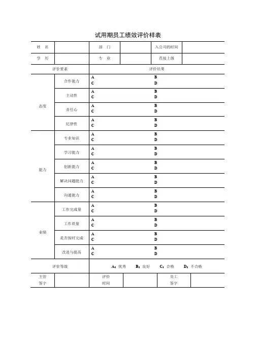 试用期员工绩效评价样表、技术人员绩效评价样表(综合素质)
