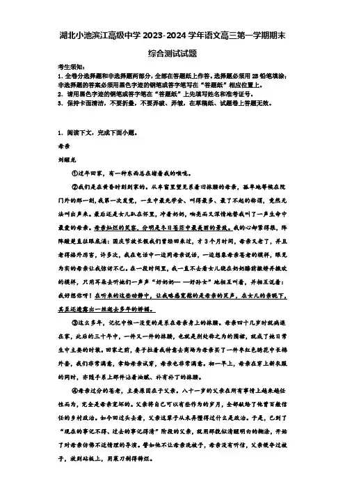 湖北小池滨江高级中学2023-2024学年语文高三第一学期期末综合测试试题含解析