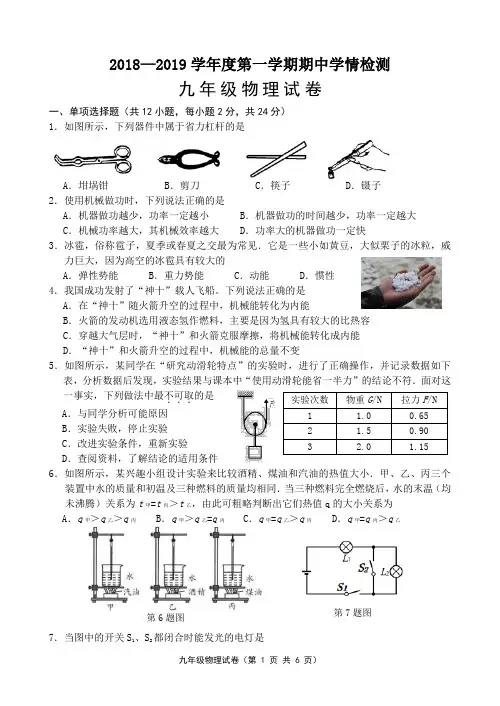 2018—2019学年度第一学期期中学情检测------九年级上物理期中试卷 及参考答案