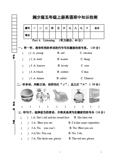 新湘少版,五年级上册,英语期中检测试卷,(含听力材料)