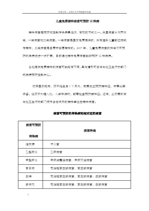 儿童免费接种疫苗可预防12种病