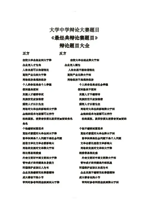 大学中学辩论大赛题目《最经典辩论赛题目》