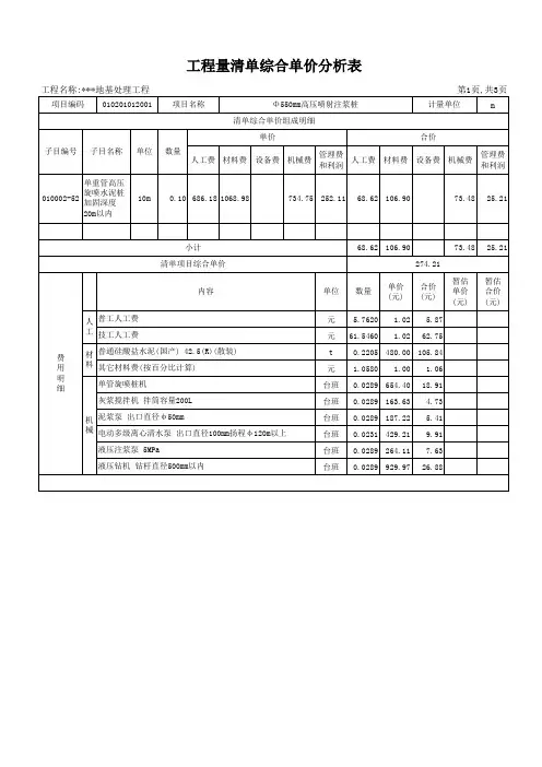 单管、双管、三管高压旋喷桩施工预算书