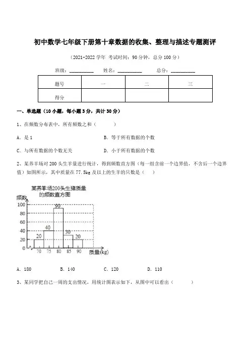 2022中考特训人教版初中数学七年级下册第十章数据的收集、整理与描述专题测评试卷