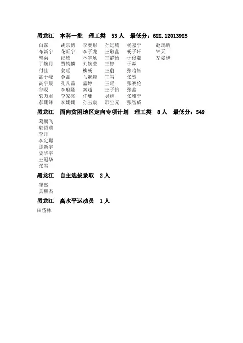 黑龙江 本科一批 理工类 53 人 最低分：6