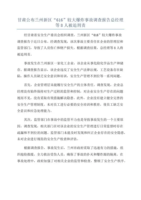 甘肃公布兰州新区“616”较大爆炸事故调查报告总经理等8人被追刑责