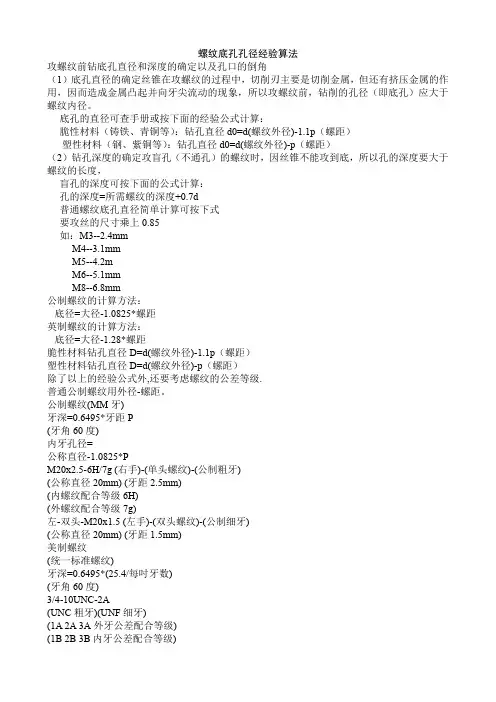 螺纹底孔孔径经验算法