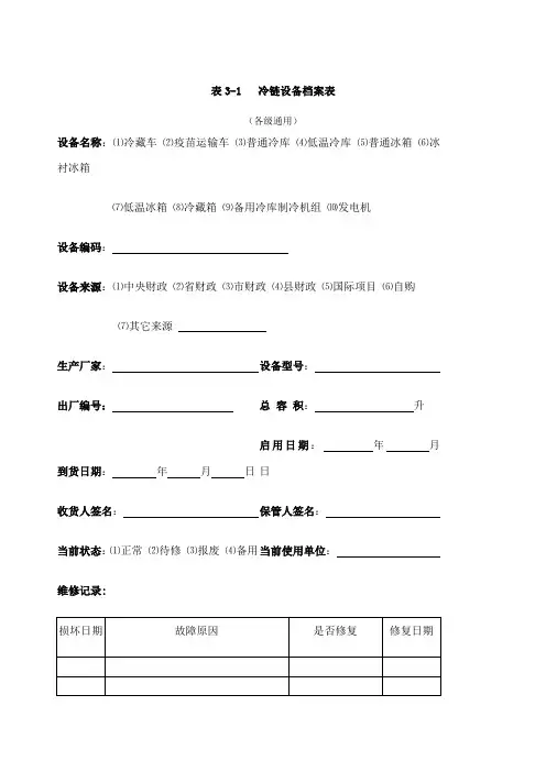 冷链设备档案及保养维护记录表