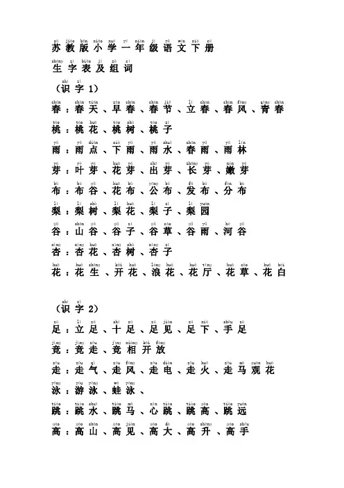 注音版 苏教版小学一年级语文下册生字表组词表