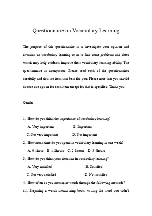Questionnaire on Vocabulary Learning