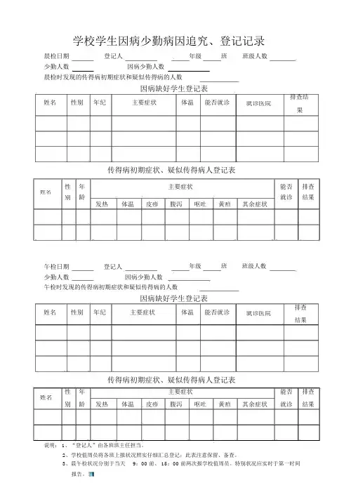 学生因病缺勤病因追查、登记记录表