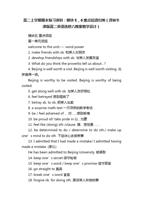 高二上学期期末复习资料：模块5，6重点短语归纳（译林牛津版高二英语选修六教案教学设计）