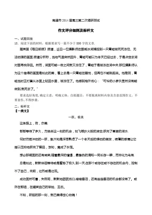 南通二模作文评分细则及标杆文