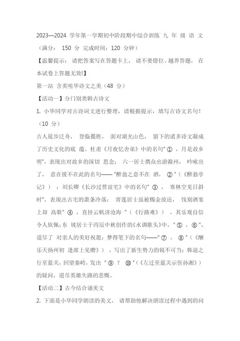 福建省龙岩市永定区2023-2024学年九年级上学期期中综合训练语文试题(含答案)