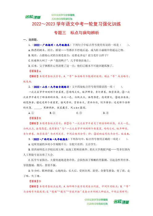 专题三 标点与病句辨析-2022-2023学年中考语文一轮复习强化训练(全国版)(解析版)