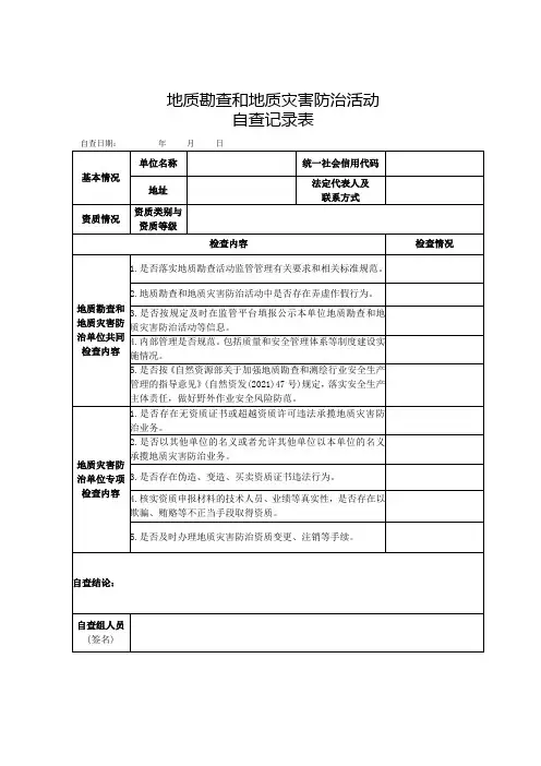 质勘查和地质灾害防治活动自查记录表