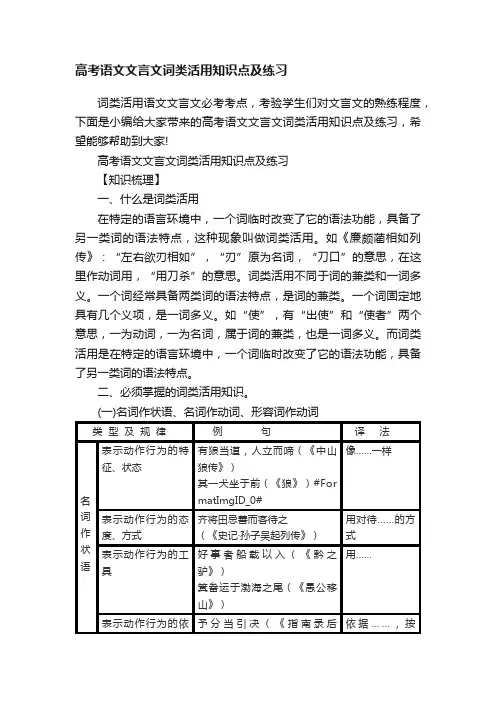 高考语文文言文词类活用知识点及练习