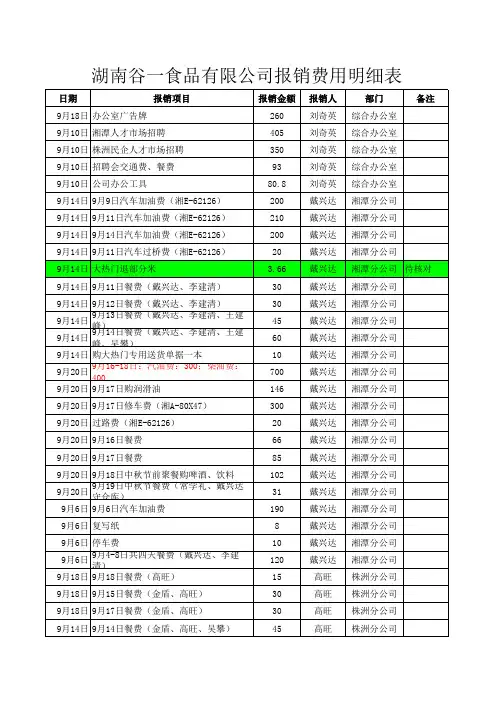 公司员工报销费用明细表