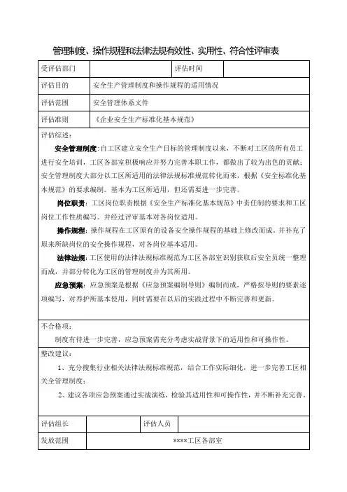 管理制度和规程有效性、实用性、符合性评审表