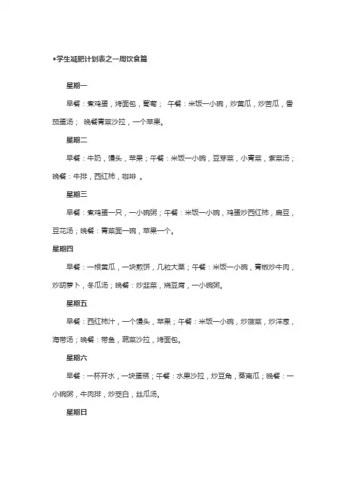 ◆学生减肥计划表之一周饮食篇