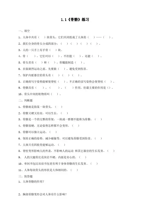 小学科学苏教版四年级下册《11 骨骼》试卷