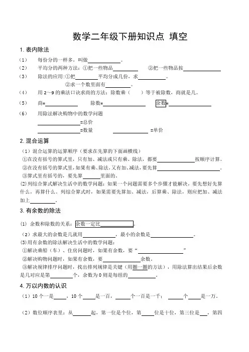 人教版二年级下册数学知识点总结 填空