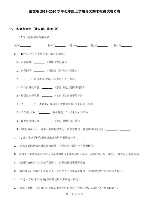 语文版2019-2020学年七年级上学期语文期末检测试卷C卷