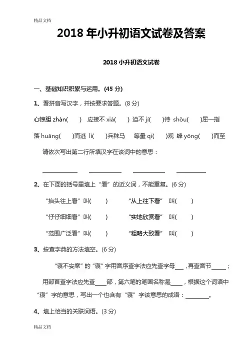 最新2018年小升初语文试卷及答案