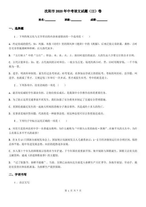 沈阳市2020年中考语文试题(II)卷