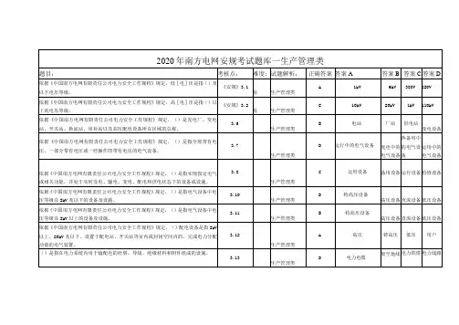2020年南方电网安规考试题库--生产管理类