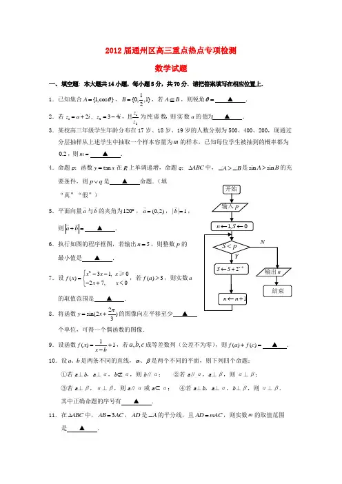 江苏省南通市通州区2012届高三数学重点热点专项检测苏教版