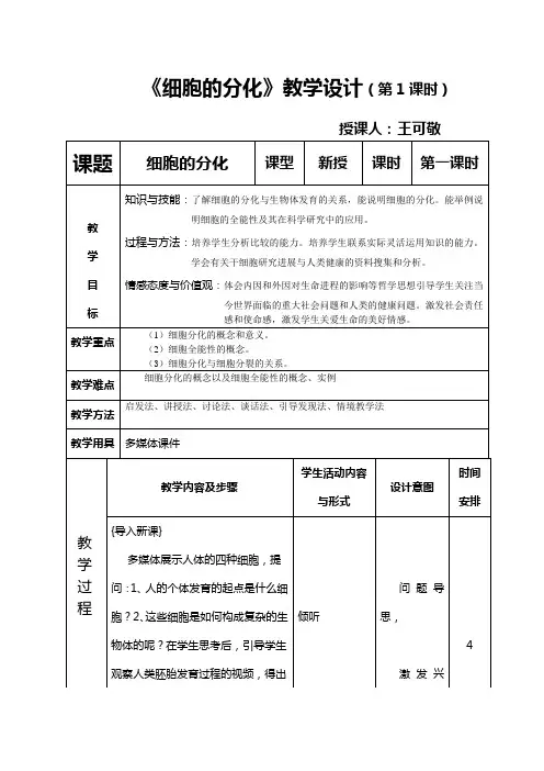 人教版高一生物细胞的分化教案