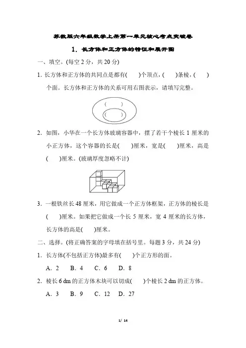苏教版六年级数学上册第一单元长方体和正方体的特征和展开图专项试卷附答案