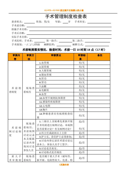 手术管理规章制度检查表(术前、后)