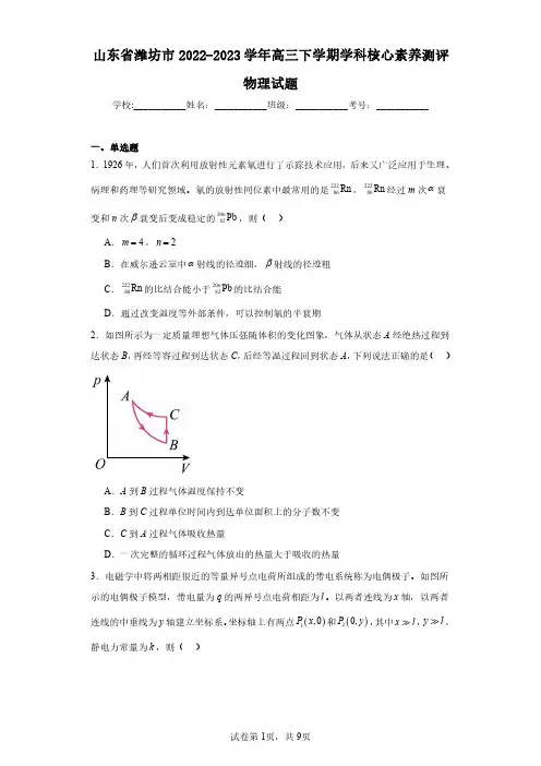 山东省潍坊市2022-2023学年高三下学期学科核心素养测评物理试题(含答案解析)