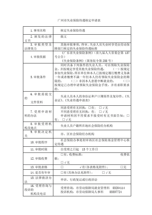 广州市失业保险待遇核定申请表