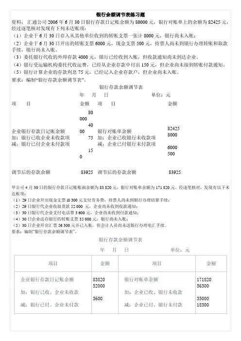 银行余额调节表练习题