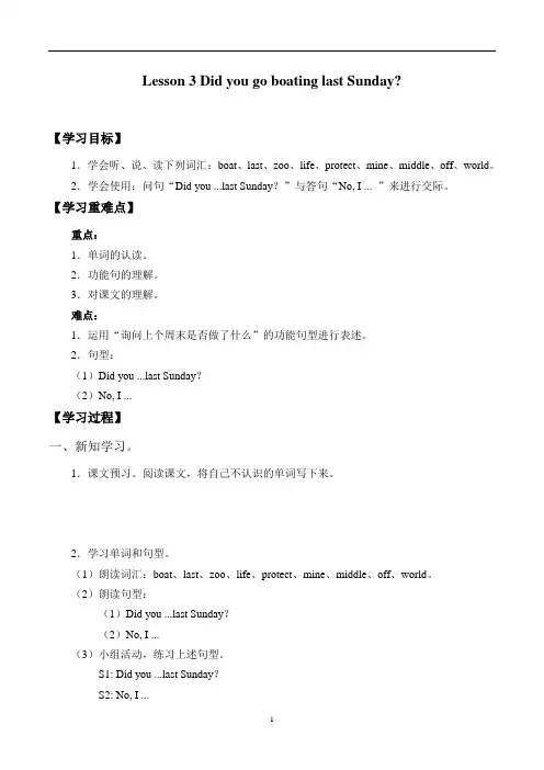 六年级下册英语-Lesson 3   Did you go boating last Sunday？_学案1∣科普版(三起)
