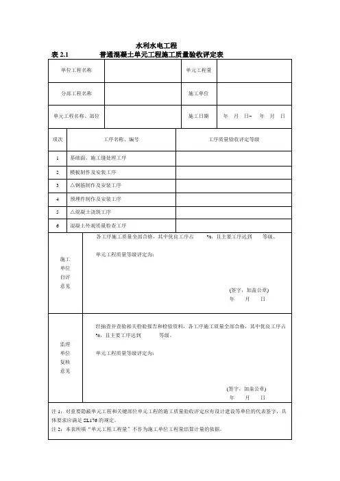 SL632混凝土单元及工序评定表