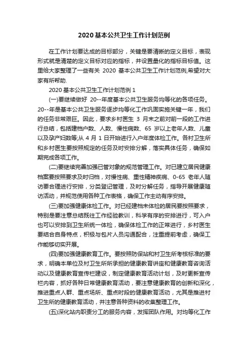 2020基本公共卫生工作计划范例