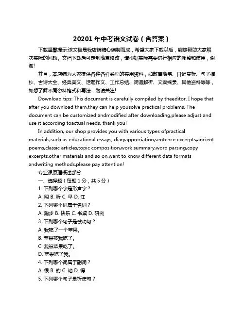 20201年中考语文试卷(含答案)