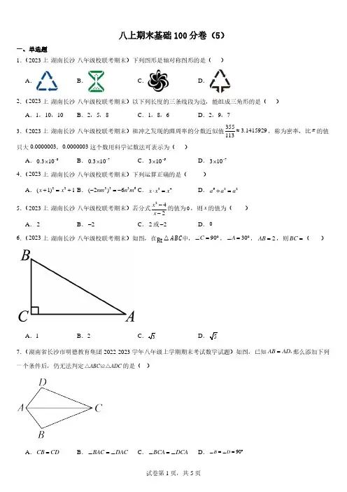 长沙四大名校八上期末基础100分卷(5)