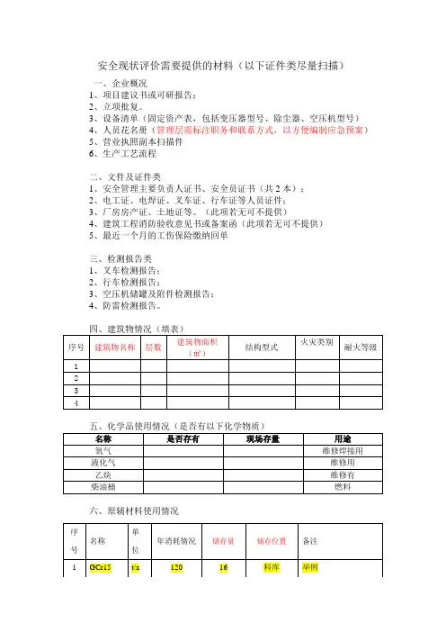 安全现状评价需要提供的材料(1)