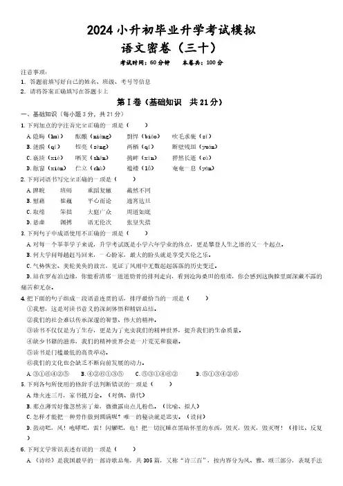 统编版语文六年级下册小升初模拟(有答案)