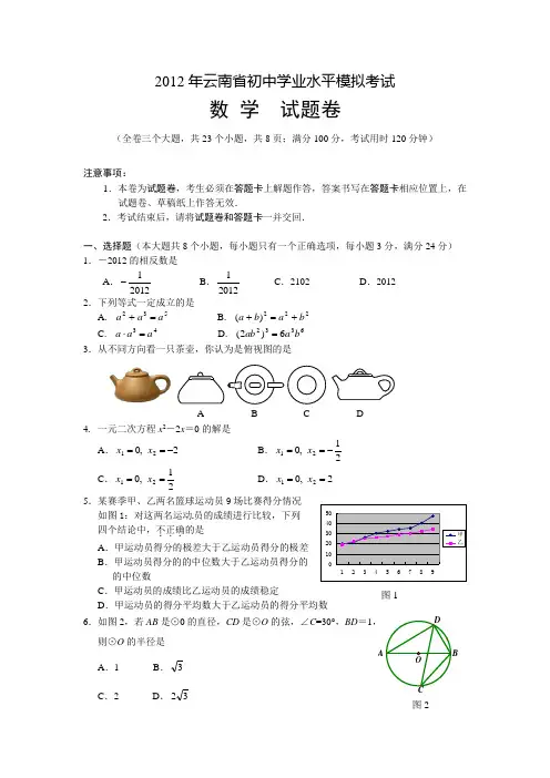 2012年云南省中考模拟考试数学试题