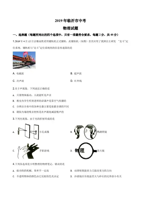 精品解析：2019年山东省临沂市中考物理试题(原卷版)