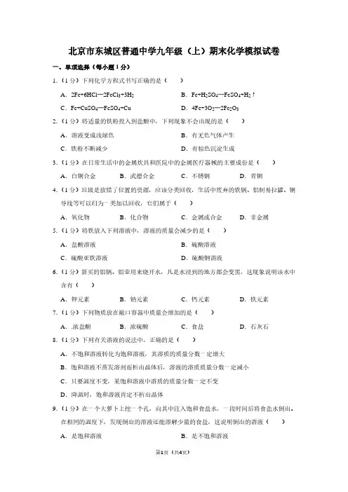 北京市东城区普通中学九年级(上)期末化学试卷
