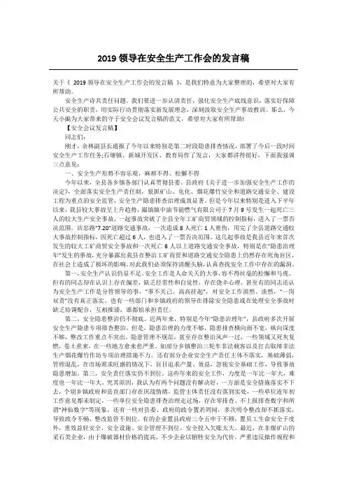 2019领导在安全生产工作会的发言稿